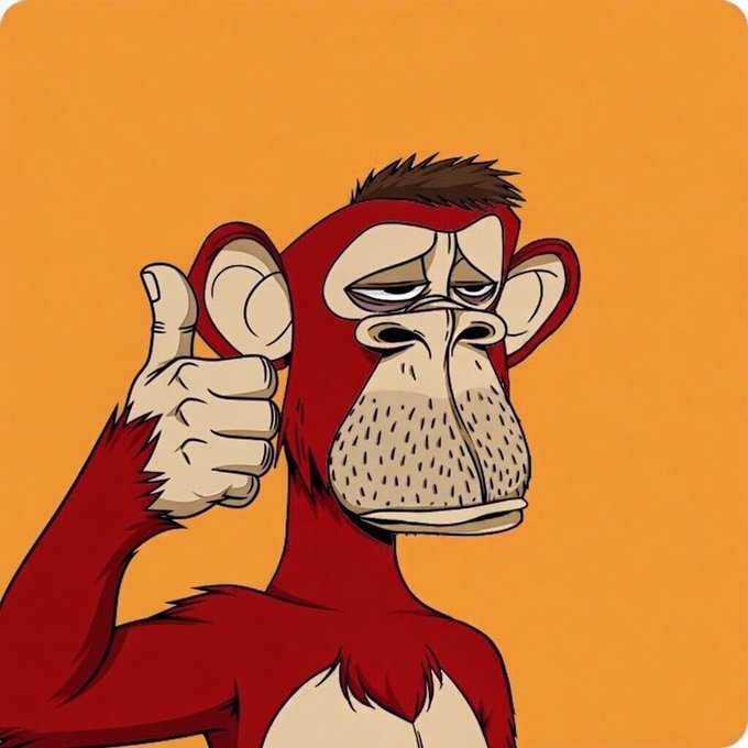 A cartoon illustration of a bored-looking red monkey gives a thumbs-up against a solid orange background.