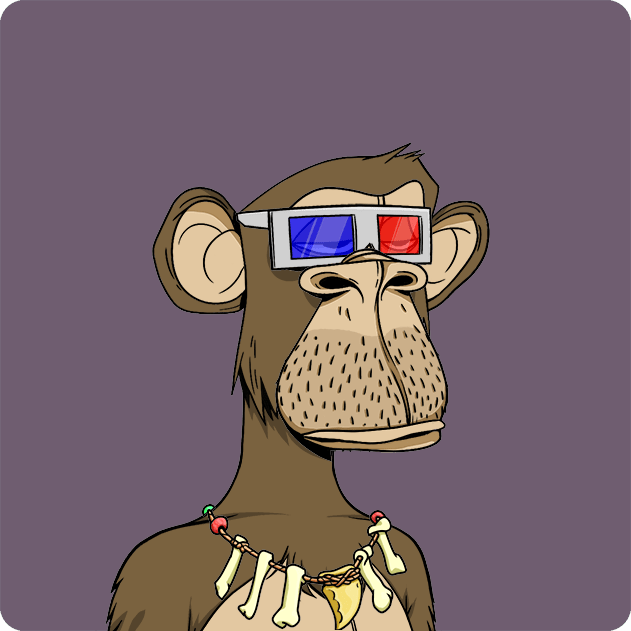 The image features a cartoon monkey wearing glasses, a necklace with bones, and a gold chain around its neck. The monkey appears to be looking directly at the camera while wearing the accessories. The background of the image is purple, which complements the overall color scheme of the cartoon character. The post about the monkey being bought for 9.5 ETH by an unknown buyer has been shared on social media platforms and seems to be related to the image featuring the monkey with glasses and a gold chain around its neck.