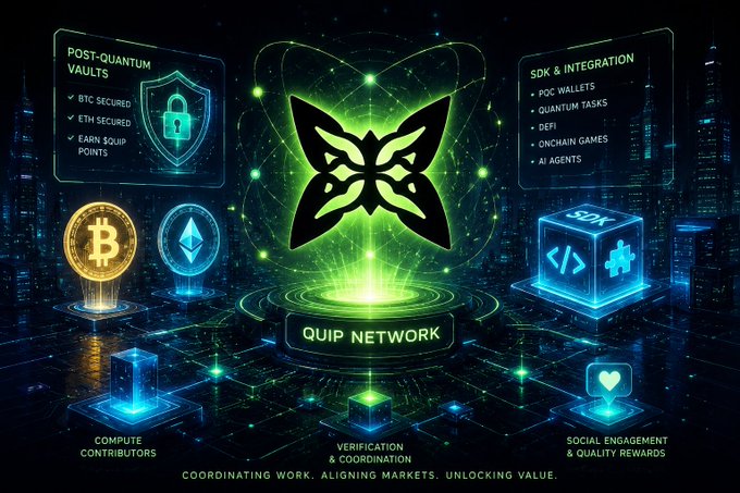 The image shows a futuristic cityscape with various technological elements such as cryptocurrency mining machines, blockchain technology, and virtual reality displays. The main focus of the image is a large green butterfly-shaped logo that reads "quip network". This logo represents a new concept in the world of cryptocurrencies called Quip Network. Quip Network is an innovative platform designed to facilitate the coordination of work and attention within the crypto ecosystem. It allows users to verify, price, and allocate their work efficiently, creating a more streamlined process for building usable markets. The image also includes other elements such as cryptocurrency mining machines, blockchain technology, and virtual reality displays that contribute to the futuristic cityscape theme.