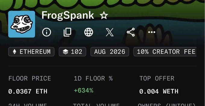 A screenshot of a cryptocurrency NFT collection called 'FrogSpank' on the Ethereum blockchain, showing a floor price of 0.0367 ETH, a 634% increase in 1D floor percentage, and a 10% creator fee.