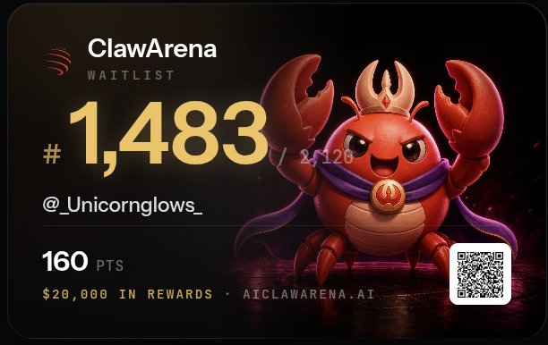 A digital card from 'ClawArena WAITLIST' displays waitlist position '#1,483' for '@_Unicornglows_' with '160 PTS' and '$20,000 IN REWARDS', featuring a cartoon red crab character with a crown and cape.