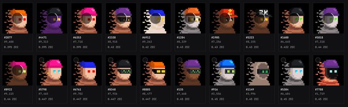 A grid of 20 pixel-art character portraits with NFT-style identifiers (e.g., #2877, #4671) and ZEC token prices, humorously captioned in reference to a swing trade on $ZKSNARKS/ZEC.