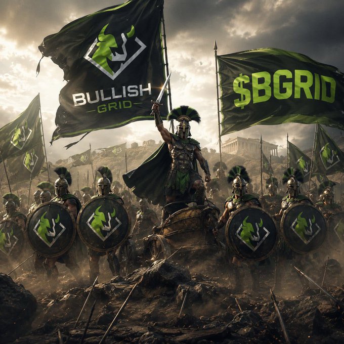 A dramatic digital artwork of a Spartan-like army with green and black 'BULLISH GRID' and '$BGRID' banners, featuring a central warrior raising a sword above soldiers holding branded shields.