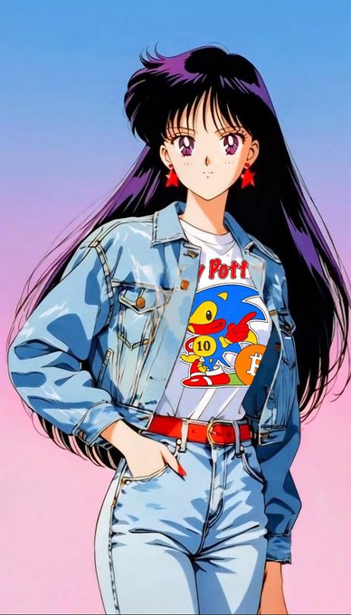 An anime-style illustration shows a dark-haired woman in a denim jacket and jeans wearing a t-shirt featuring Sonic the Hedgehog and partial text reading 'Pott' and '10'.