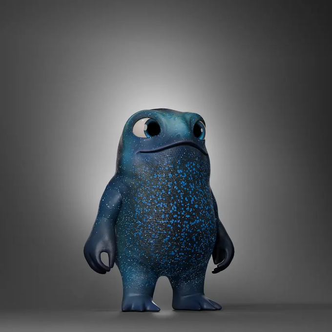 A 3D render of a small, blue, bipedal character with large eyes and a speckled texture standing against a neutral gray background.