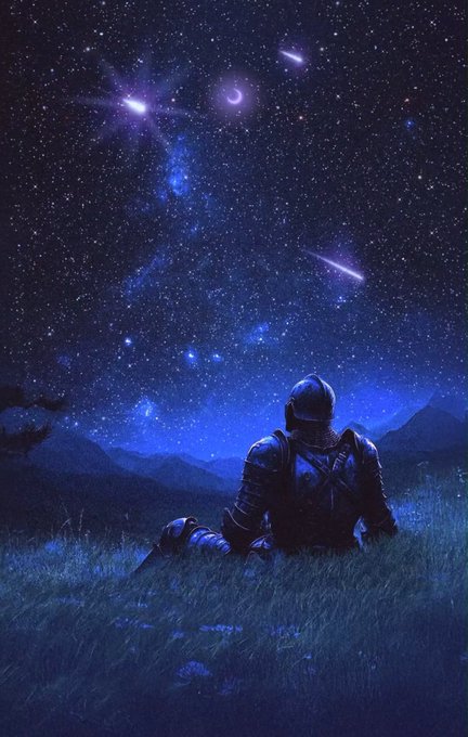 The image features a man sitting in a field at night with his back facing the camera. The sky above him is filled with stars, creating an enchanting atmosphere. The man appears to be wearing armor, suggesting that he might be a knight or a medieval soldier. The scene takes place outdoors during nighttime hours, and there are no texts or other objects visible in the image.