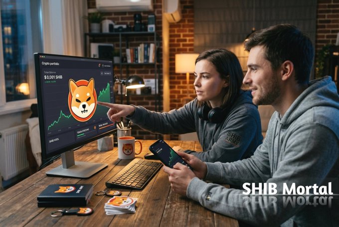 Two people at a desk looking at a computer monitor displaying 'SHIB Portal' cryptocurrency portfolio with a Shiba Inu logo and upward chart.