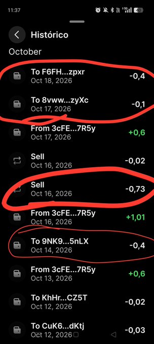 A mobile phone screenshot showing October transaction history with several entries circled in red, including transfers and sales with various cryptocurrency amounts.