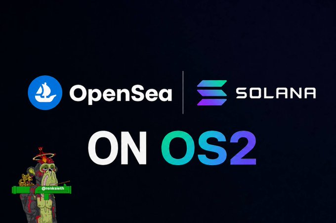 A promotional graphic displays the 'OpenSea' and 'SOLANA' logos with the text 'ON OS2' and a small cartoon character holding a sign labeled '@renkaieth'.