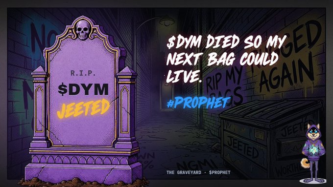 A graphic titled 'The Graveyard - $PROPHET' featuring a purple tombstone marked 'R.I.P. $DYM JEETED' with text reading '$DYM DIED SO MY NEXT BAG COULD LIVE. RIP MY BAGS AGAIN. #PROPHET'.