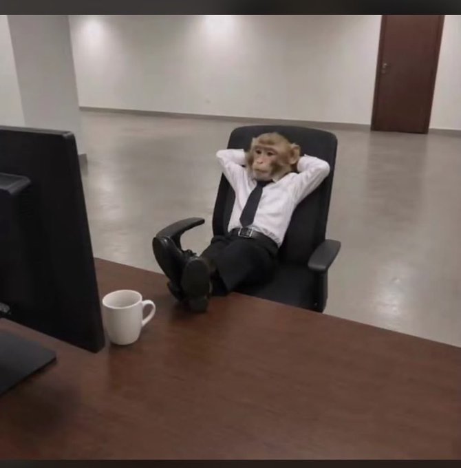 A monkey wearing a white dress shirt, black tie, and black trousers sits in an office chair with its hands behind its head and feet propped up on a wooden desk.