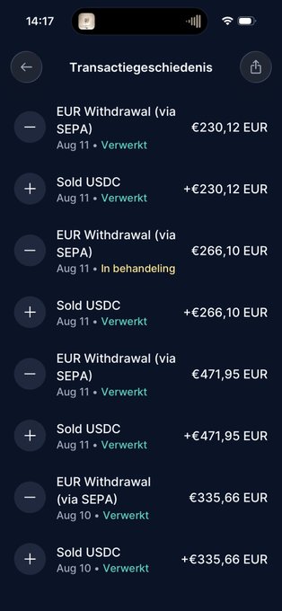 A mobile banking transaction history screen titled 'Transactiegeschiedenis' showing multiple EUR Withdrawal (via SEPA) and Sold USDC transactions dated Aug 10–11, with amounts ranging from €230.12 to €471.95 EUR, marked as 'Verwerkt' or 'In behandeling'.