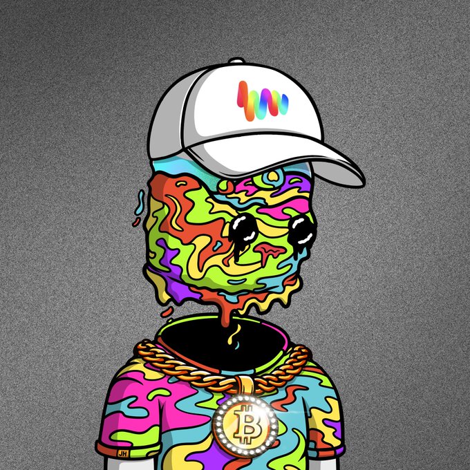 A colorful, melting cartoon character with a multicolored face wears a white cap and a t-shirt covered in vibrant swirls, accessorized with a large gold chain featuring a Bitcoin (₿) pendant. The "gm" caption pairs with this crypto-themed, surreal avatar as a typical Web3 morning greeting.