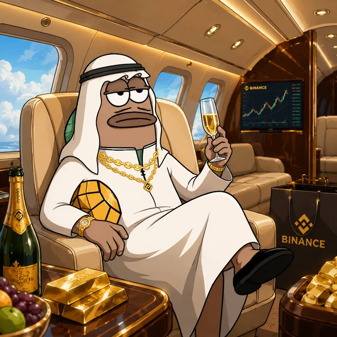 A cartoon illustration of a man in traditional Arab attire with gold chains, holding a champagne glass inside a private jet, with a Binance trading chart on the screen, a Binance shopping bag, and gold bars.