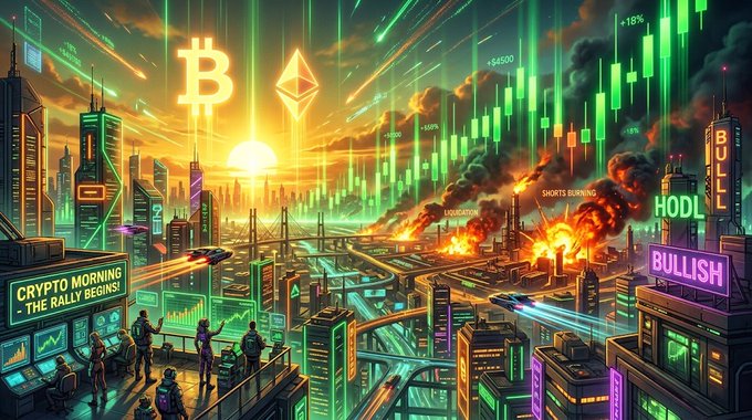 A vibrant crypto-themed digital artwork showing a dystopian cityscape with Bitcoin and Ethereum logos, green bullish candlestick charts, explosions, and neon signs reading "CRYPTO MORNING - THE RALLY BEGINS!", "HODL", and "BULLISH".
