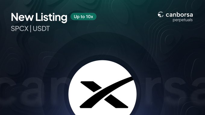 A Canborsa Perpetuals announcement for a new listing of the SPCX|USDT trading pair with up to 10x leverage.