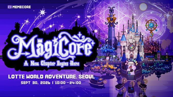 A promotional poster for 'MagiCore' event at Lotte World Adventure, Seoul on September 30, 2026, from 10:00 to 24:00, featuring fantasy castle artwork and magical imagery.