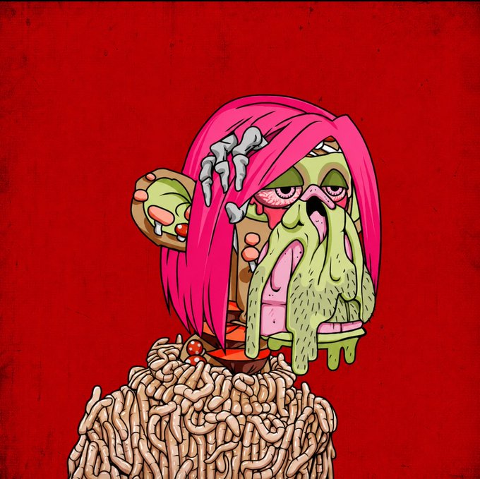 A cartoon illustration of a zombie-like character with pink hair and a skeletal hand holding bread, standing atop a pile of worms against a red background.