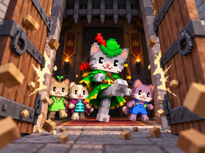 Voxel/blocky 3D art featuring a Roblox cat character dressed as Robin Hood with green attire and a feathered cap, accompanied by three smaller cat characters bursting through wooden doors.