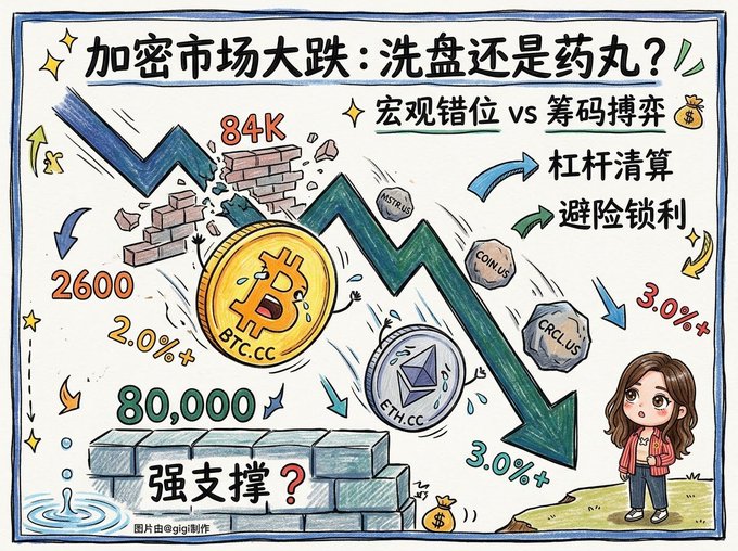 A hand-drawn Chinese illustration titled "加密市场大跌：洗盘还是药丸？" depicting a crypto market crash featuring Bitcoin (BTC.CC) and Ethereum (ETH.CC) with falling prices around 84K and 80,000.
