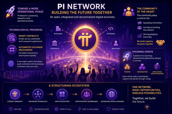 The image features an infographic poster that explains Pi Network's future plans for building the next generation of networks together. It showcases a community-driven approach using smart contracts, automated exchange systems, and greater access to external funding pools. The network aims to foster growth through user input and collaboration, with plans for launching a dApp and implementing vote-based governance models. The poster is predominantly purple in color with gold elements representing the key aspects of Pi Network's vision.