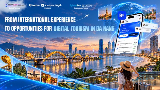 A promotional banner titled 'FROM INTERNATIONAL EXPERIENCE TO OPPORTUNITIES FOR DIGITAL TOURISM IN DA NANG' featuring a coastal cityscape and digital payment app interfaces, sponsored by Vietnam Blockchain, Tether, and others.