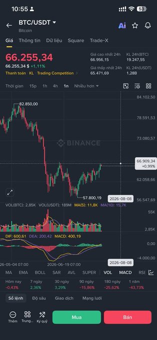 A mobile Binance trading interface showing the BTC/USDT chart with a current price of 66,255.34 USDT and a downward price trend.