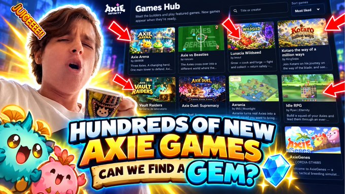 A YouTube thumbnail for 'JUGGERNUUUT' featuring a man with closed eyes holding a chip bag, with text 'HUNDREDS OF NEW AXIE GAMES CAN WE FIND A GEM?' showing a Games Hub interface with various game titles.