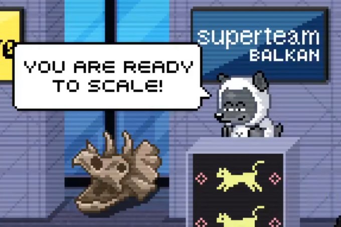 A pixel art illustration features a panda character behind a podium with the text 'YOU ARE READY TO SCALE!' displayed alongside the 'superteam BALKAN' logo.