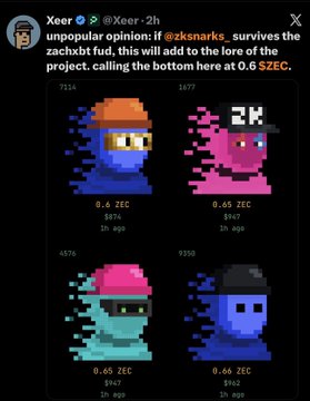 A tweet from @Xeer about 'zacksnarks' surviving a zachxbt fud, displaying four pixel art characters with prices in ZEC: 0.4, 0.65, 0.48, and 0.66 ZEC.