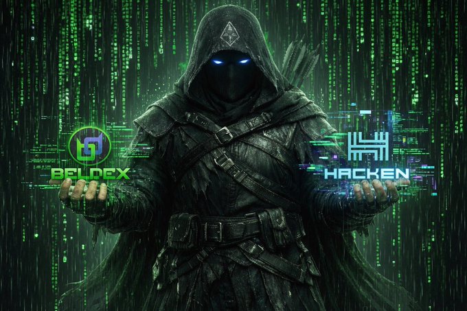 A hooded figure with glowing blue eyes holds the logos of "BELDEX" and "HACKEN" in their hands against a digital rain backdrop.