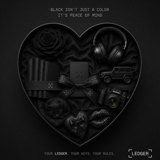 A sleek black advertisement for Ledger reads "BLACK ISN'T JUST A COLOR IT'S PEACE OF MIND," showcasing a heart-shaped arrangement of monochromatic luxury items including headphones, a camera, a car, a rose, and a sleeping cat.