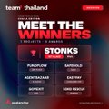 A promotional graphic titled "MEET THE WINNERS" for the Thailand edition of the "AVAX BUILDERS" hackathon, listing the top 6 winning teams: STONKS, Slingshot, Proof Network, ZXCMarket, Tunnelspeed, and Kindred Kingdom, with logos of "Team Thailand," "Avalanche," and "Jupus Labs." The image highlights the 12 on-chain projects built during the Chulalongkorn University hackathon, reflecting the post's emphasis on builders overcoming Bangkok's flooding to develop innovative Avalanche-based solutions like AI agent marketplaces and on-chain stock packs.
