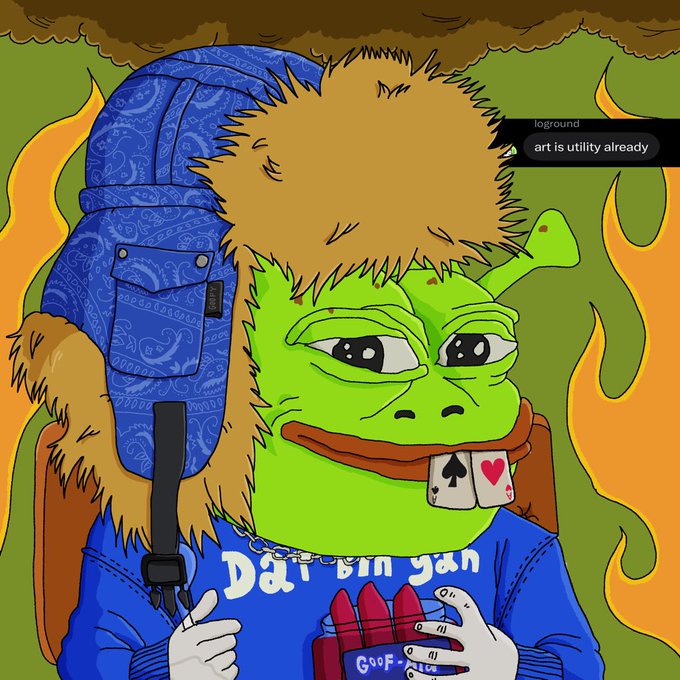 A cartoon illustration of a green frog-like character with playing cards in its mouth, wearing a blue patterned jacket and a fur-lined hood, with a chat message reading "art is utility already".