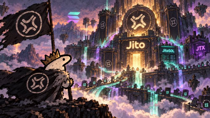 A fantasy-style digital artwork featuring a large castle or fortress labeled 'Jito' with a Solana logo, set among clouds with flags displaying the Jito logo.