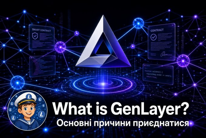 A stylized, futuristic promotional banner titled **"What is GenLayer? Основні причини приєднатися"** (Ukrainian for "Main reasons to join") featuring a glowing 3D triangular logo flanked by "SMART CONTRACT" and "CONTRACT" document graphics, surrounded by neon network nodes — visually representing GenLayer's role as an AI-driven smart contract blockchain protocol.