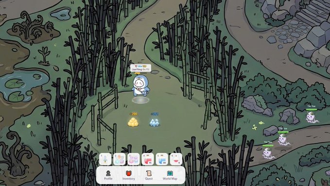 A screenshot from a mobile game featuring a small character in a bamboo forest with chat bubbles and UI icons for Profile, Inventory, Quest, and World Map.