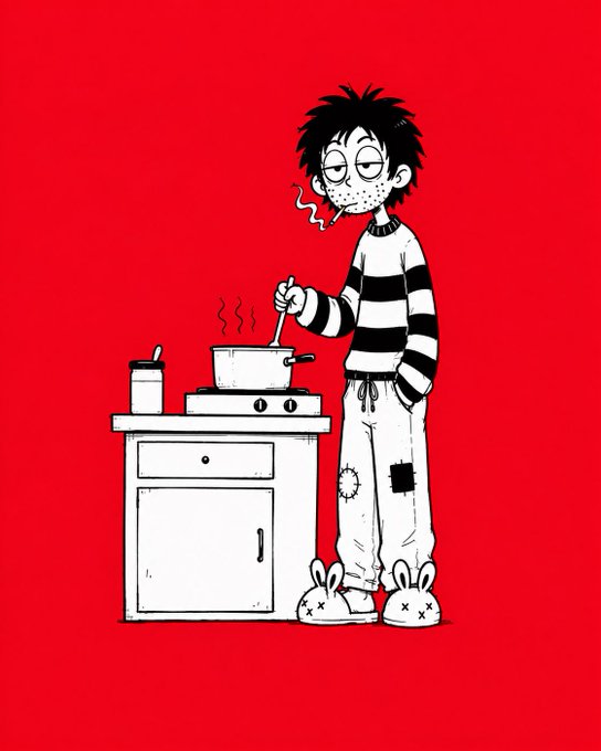 A stylized black and white cartoon drawing on a red background depicts a bearded man smoking a cigarette while stirring a pot of noodles on a stove, wearing bunny slippers.