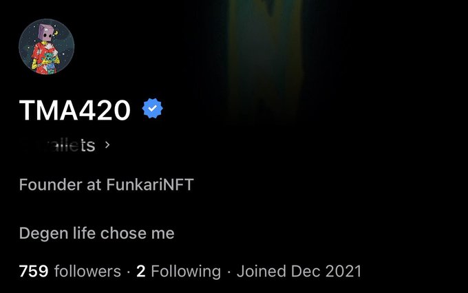 The image shows a Twitter profile for "TMA420" (verified account), Founder at FunkariNFT, with the bio "Degen life chose me" and 759 followers, joined December 2021. The profile appears to be highlighting their follower count on OpenSea (350) versus Twitter (759), suggesting curiosity about the discrepancy between the two platforms.