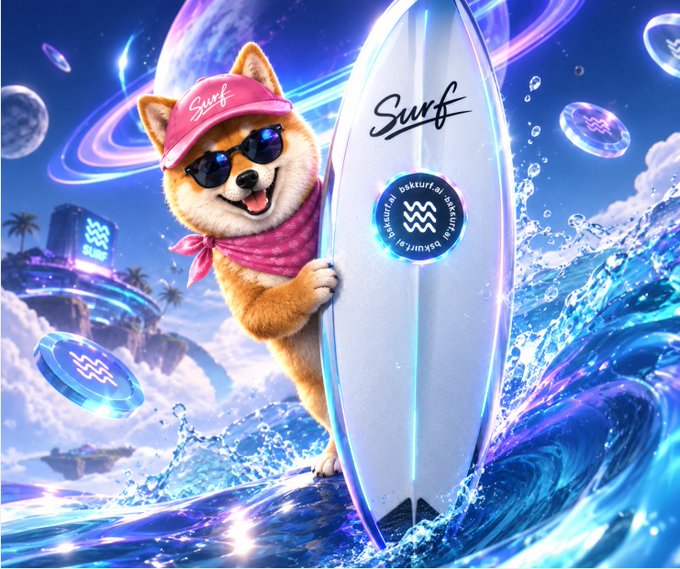 A vibrant, stylized digital illustration depicts a smiling Shiba Inu dog wearing sunglasses and a pink cap and bandana, standing on a surfboard amidst colorful waves with Aquarius zodiac symbols and the word 'Surf' visible.