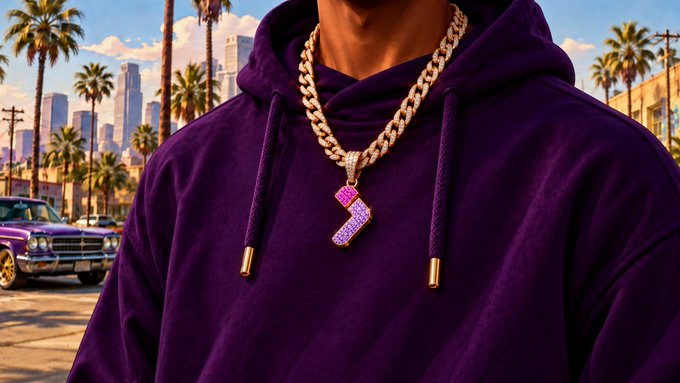 A person wearing a purple hoodie stands in front of a Los Angeles cityscape, sporting a gold chain with a pink and purple lightning bolt pendant.