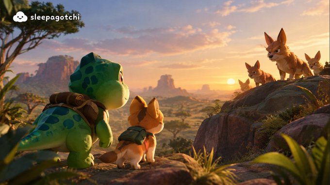 A digital illustration from 'sleepagotchi' featuring a green dinosaur-like creature and a corgi with backpacks looking out over a desert landscape at sunset toward foxes on a rock.
