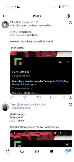 A screenshot of the X (formerly Twitter) app showing a post by @Trappwurld about a free mint for @0f0_00 and @africanadao holders launching on Robinhood, featuring a tweet from @exitlabsdotfun (@exitlabsdottfun) noting "Role-play a founder: found offices, print $EXIT," with 13.6K followers; the caption "How to be like them?" suggests admiration for these accounts' rapid growth and crypto project success.