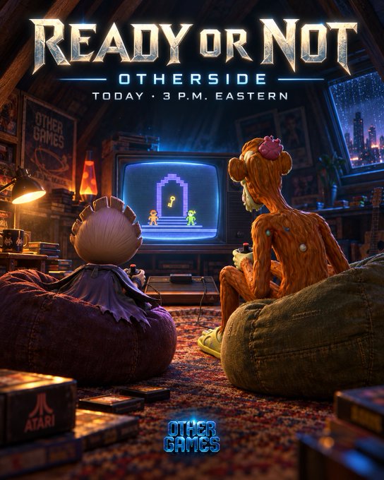 Promotional artwork for the video game 'READY OR NOT OTHERSIDE', featuring the text 'TODAY • 3 P.M. EASTERN', depicts two characters playing an Atari game in an attic room.