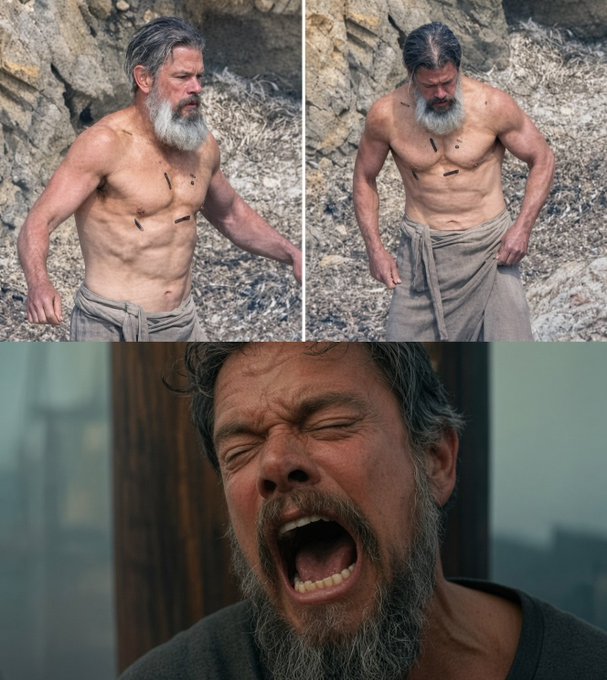 The collage shows a muscular, bearded Matt Damon—first shirtless and rugged, then screaming—alongside the caption: “DID YOU KNOW: To prepare for his role as The Odysseus, Matt Damon had to hold Ethereum at $2000 for 5 years.”