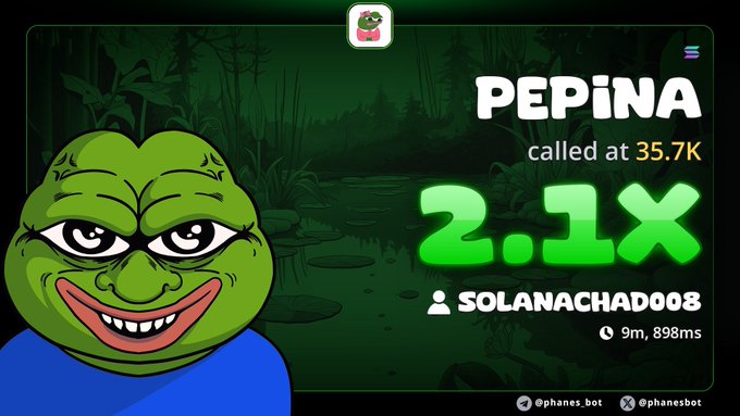 A digital graphic featuring a Pepe the Frog meme character next to text reading 'PEPINA called at 35.7K 2.1X SOLANACHAD008 9m, 898ms' with '@phanes.bot' social media handles at the bottom.