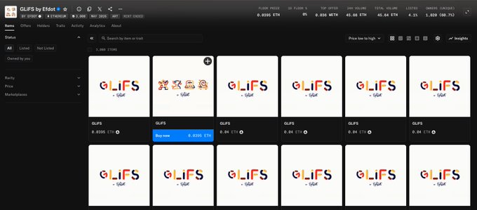The image shows a computer screen displaying a grid of images, with each row containing multiple columns. The first column features various logos for different companies such as "Glifes", "Efdot", and "Minted". The second column displays an array of colorful images, including one that reads "GLIFS" in blue letters. The third column contains a collection of logos from the company "Efdot". The fourth column features another logo for "Minted". The fifth column has a row of logos for "Glifes", and the sixth column displays an array of colorful images, including one that reads "GLIFS" in blue letters.