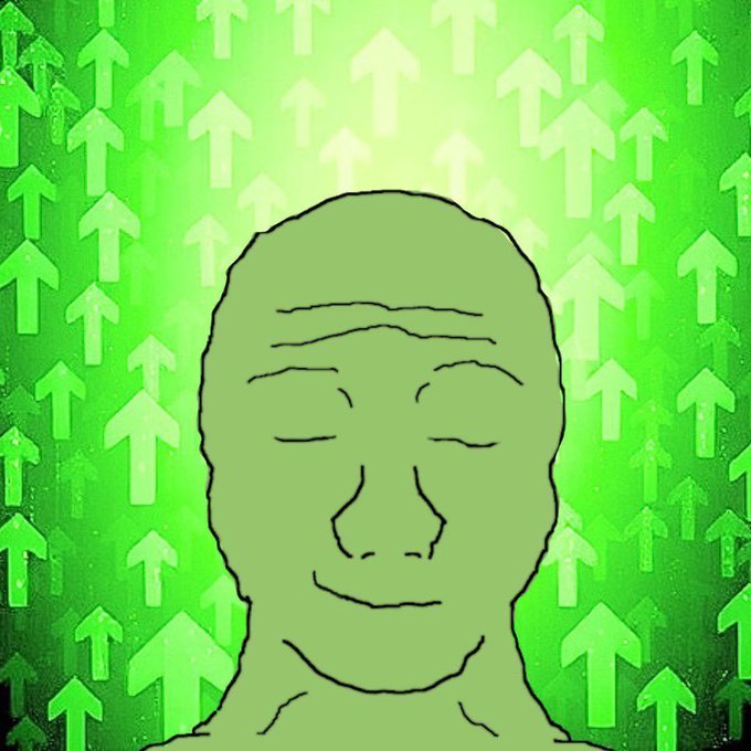 A green-toned illustration of a serene, smiling face with closed eyes and a glowing aura, set against a background filled with upward-pointing arrows symbolizing rising prosperity—visually reinforcing the post's message of imminent, lifechanging financial success during a "supercycle."