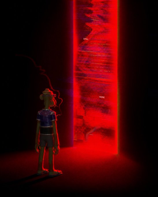 A cartoon figure stands before a glowing red portal of glitchy light displaying the words "STILL" and "HERE," evoking a surreal, digital atmosphere fitting for Beeple's art style. The image complements the post's announcement of GM Apefest at Beeple's studio in SC, capturing the cryptic, futuristic aesthetic associated with the event.