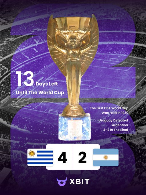 The image features a large golden trophy, likely representing an achievement or victory, placed prominently in the center of the poster. The text "13 days left until the world cup" suggests that there are still 13 more days before the event takes place. The poster also includes information about the teams participating and their respective positions in the competition. Additionally, a scoreboard is visible at the bottom right corner of the image, indicating the progress of the game or match as it unfolds.